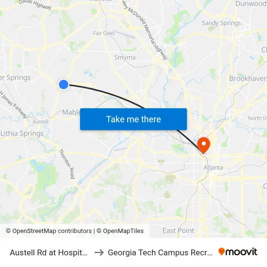 Austell Rd at Hospital South Dr to Georgia Tech Campus Recreation Center map