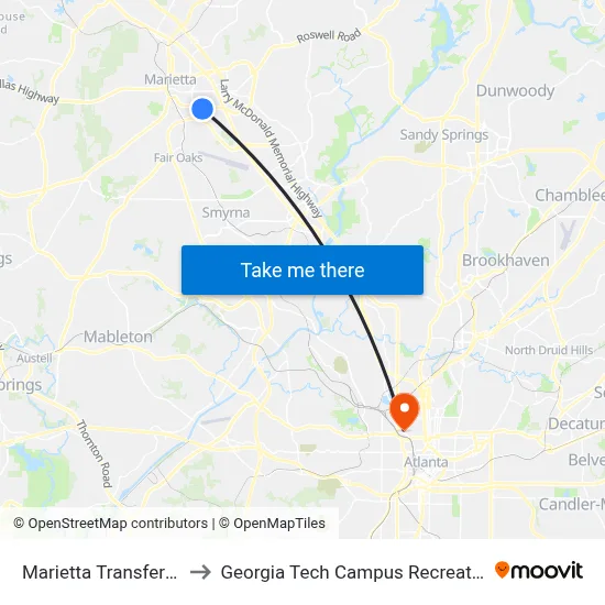 Marietta Transfer Center to Georgia Tech Campus Recreation Center map