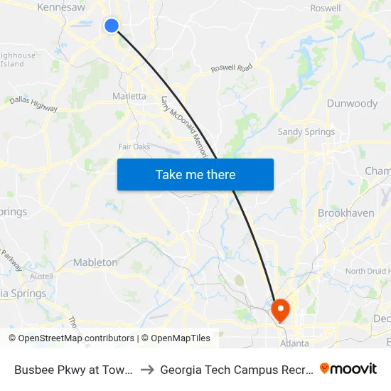 Busbee Pkwy at Town Center Dr to Georgia Tech Campus Recreation Center map