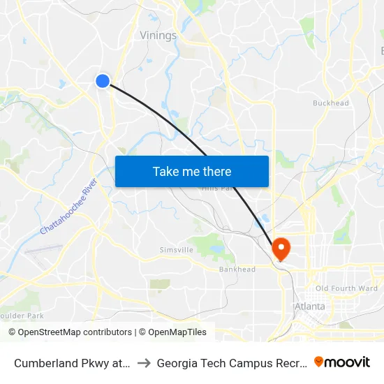 Cumberland Pkwy at Atlanta Rd to Georgia Tech Campus Recreation Center map