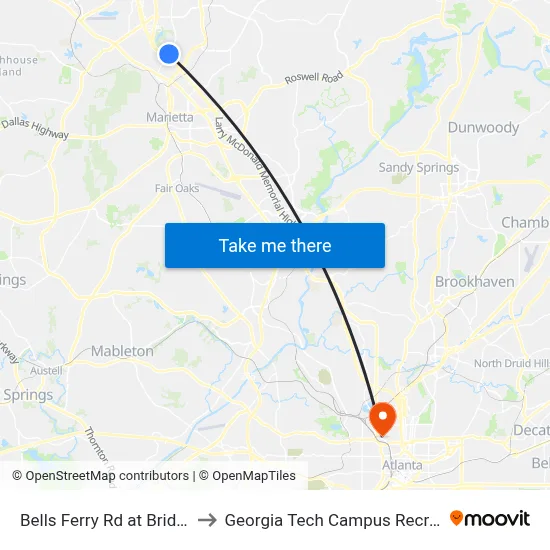 Bells Ferry Rd at Bridgestone Dr to Georgia Tech Campus Recreation Center map