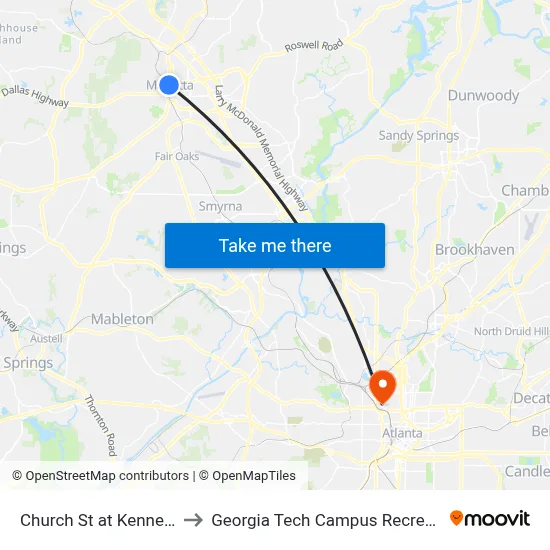 Church St at Kennesaw Ave to Georgia Tech Campus Recreation Center map