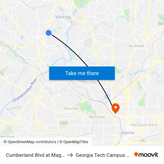 Cumberland Blvd at Magnolia Vinings Apts to Georgia Tech Campus Recreation Center map