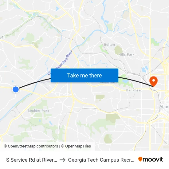 S Service Rd at Riverside Pkwy to Georgia Tech Campus Recreation Center map