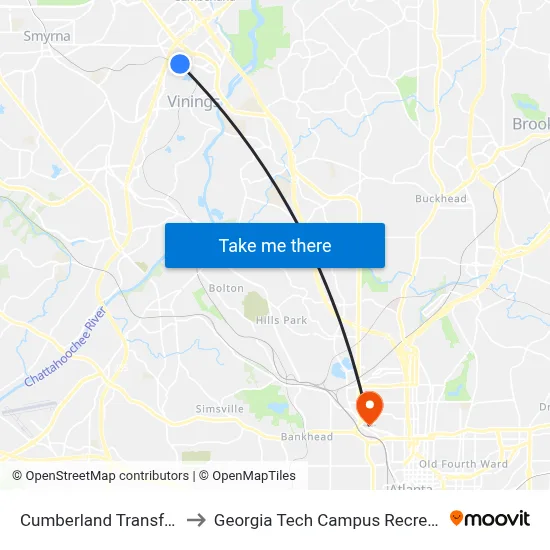 Cumberland Transfer Center to Georgia Tech Campus Recreation Center map