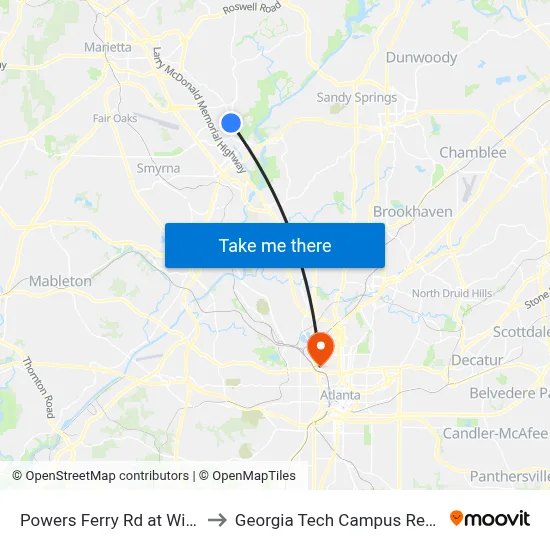 Powers Ferry Rd at Wildwood Pkwy to Georgia Tech Campus Recreation Center map