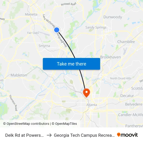 Delk Rd at Powers Ferry Pl to Georgia Tech Campus Recreation Center map