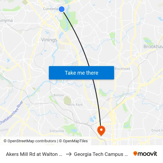 Akers Mill Rd at Walton on the Chattahoo to Georgia Tech Campus Recreation Center map