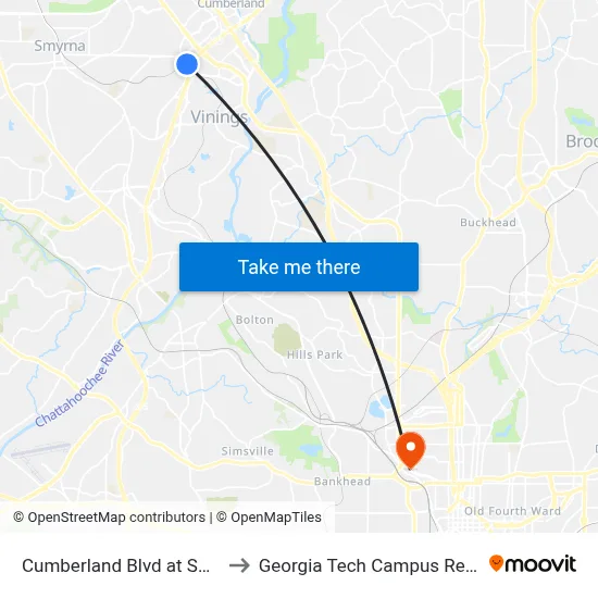 Cumberland Blvd at Spring Hill Pkwy to Georgia Tech Campus Recreation Center map