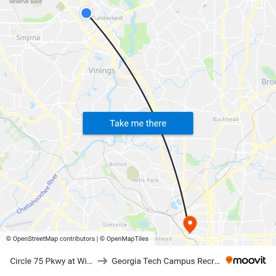 Circle 75 Pkwy at Windy Hill Rd to Georgia Tech Campus Recreation Center map