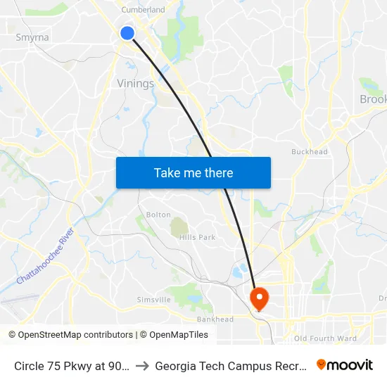 Circle 75 Pkwy at 900 Building to Georgia Tech Campus Recreation Center map