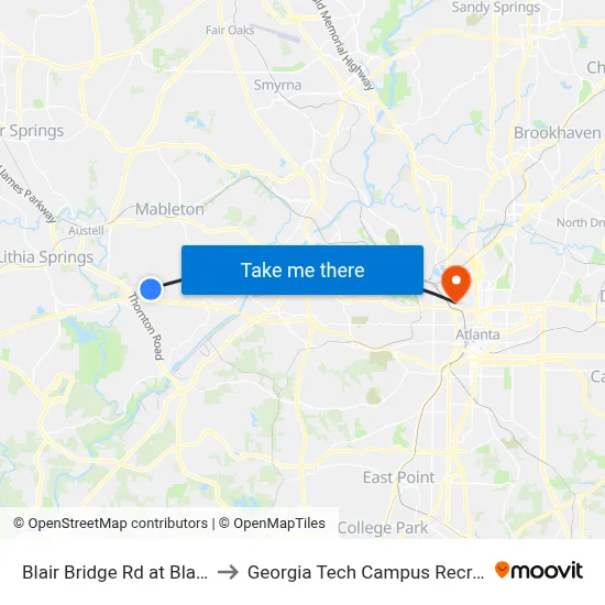 Blair Bridge Rd at Blairs View Dr to Georgia Tech Campus Recreation Center map