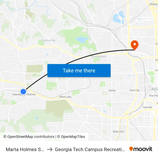 Marta Holmes Station to Georgia Tech Campus Recreation Center map