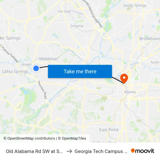 Old Alabama Rd SW at South Gordon Rd SW to Georgia Tech Campus Recreation Center map