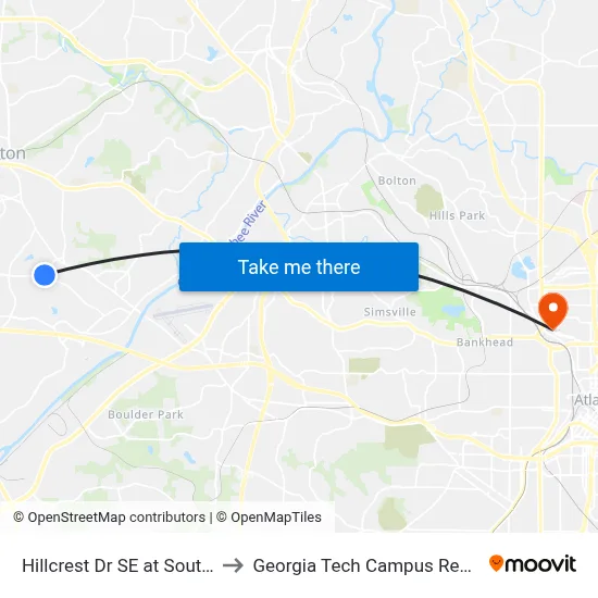 Hillcrest Dr SE at South Gordon Rd to Georgia Tech Campus Recreation Center map