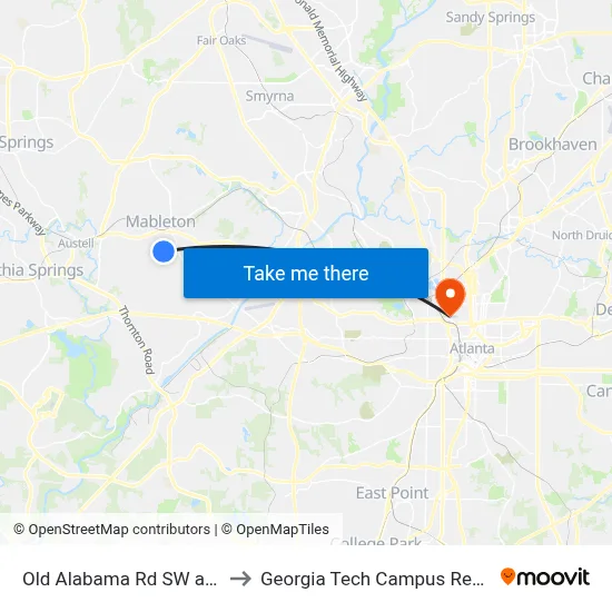Old Alabama Rd SW at Sunset Blvd to Georgia Tech Campus Recreation Center map