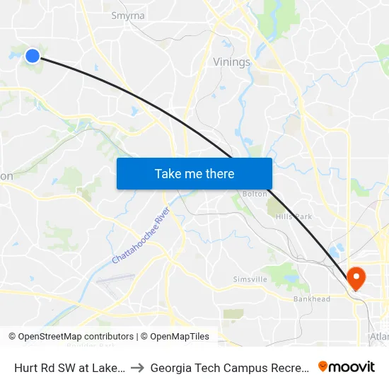 Hurt Rd SW at Lakeshore Dr to Georgia Tech Campus Recreation Center map