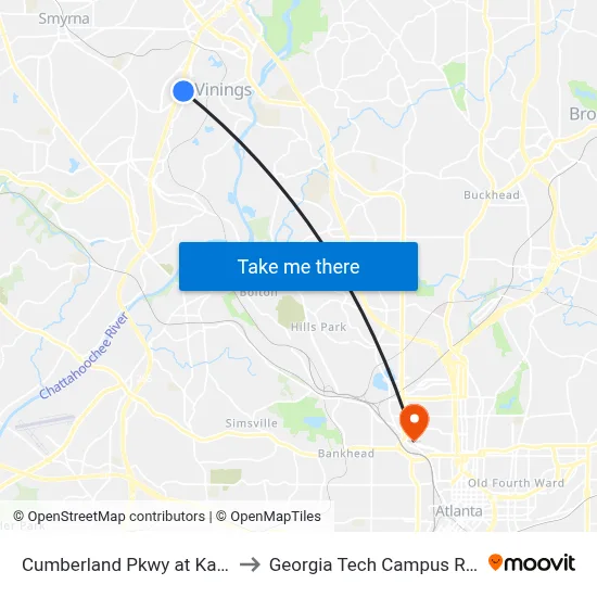 Cumberland Pkwy at Kaiser Permanente to Georgia Tech Campus Recreation Center map
