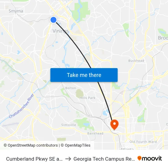 Cumberland Pkwy SE at Hampton Inn to Georgia Tech Campus Recreation Center map