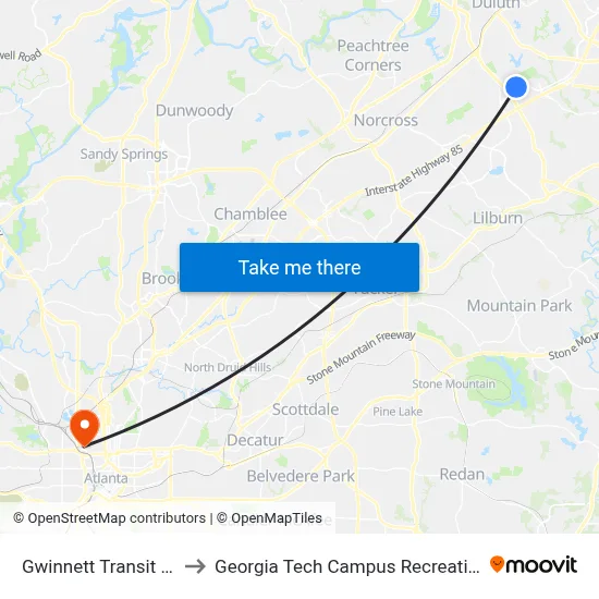 Gwinnett Transit Center to Georgia Tech Campus Recreation Center map