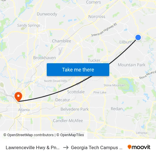 Lawrenceville Hwy & Pnc Bank (Walmart) to Georgia Tech Campus Recreation Center map