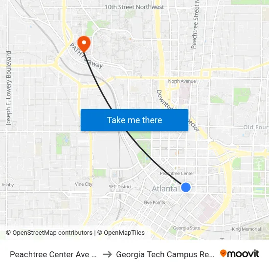 Peachtree Center Ave at Auburn Ave to Georgia Tech Campus Recreation Center map