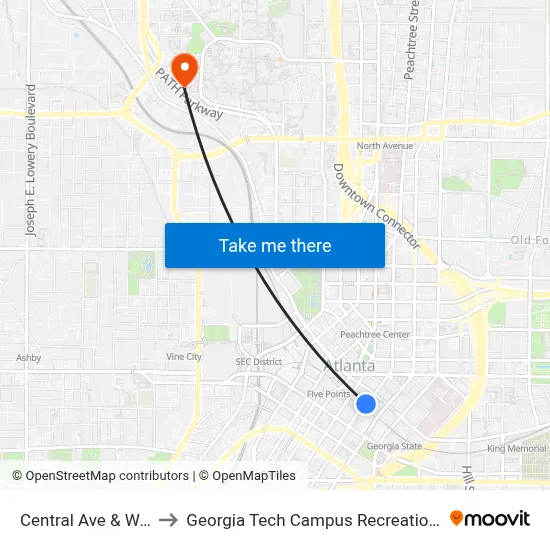 Central Ave & Wall St to Georgia Tech Campus Recreation Center map