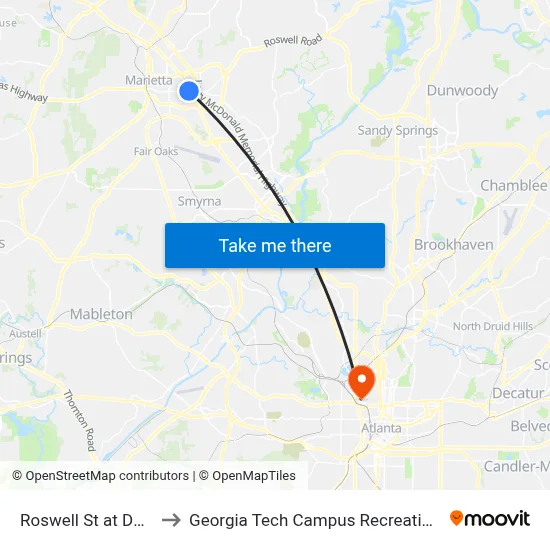 Roswell St at Dodd St to Georgia Tech Campus Recreation Center map
