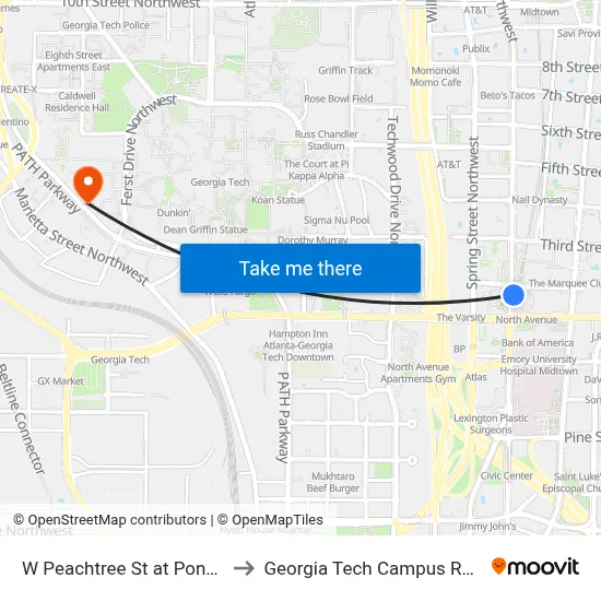 W Peachtree St at Ponce De Leon Ave to Georgia Tech Campus Recreation Center map