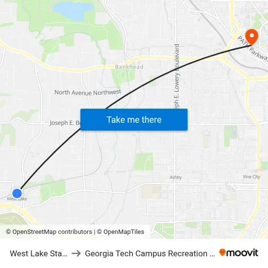 West Lake Station to Georgia Tech Campus Recreation Center map