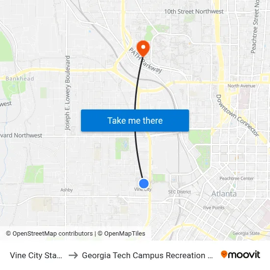 Vine City Station to Georgia Tech Campus Recreation Center map