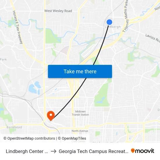 Lindbergh Center Station to Georgia Tech Campus Recreation Center map