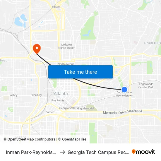 Inman Park-Reynoldstown Station to Georgia Tech Campus Recreation Center map