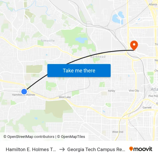 Hamilton E. Holmes Transit Station to Georgia Tech Campus Recreation Center map