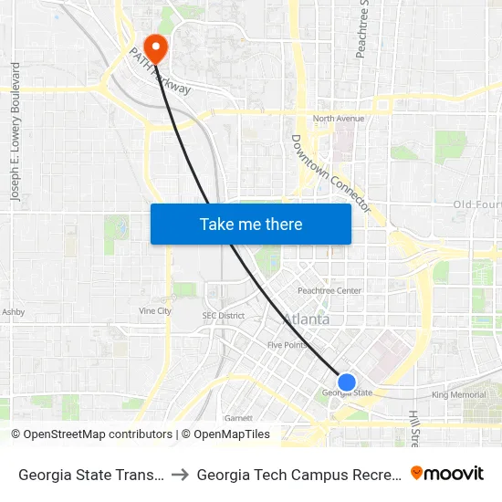 Georgia State Transit Station to Georgia Tech Campus Recreation Center map