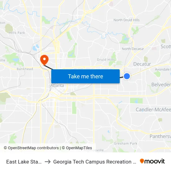 East Lake Station to Georgia Tech Campus Recreation Center map