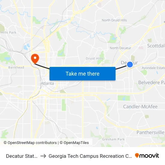 Decatur Station to Georgia Tech Campus Recreation Center map