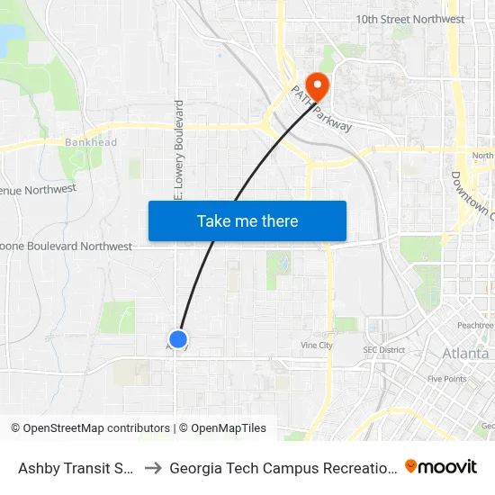 Ashby Transit Station to Georgia Tech Campus Recreation Center map