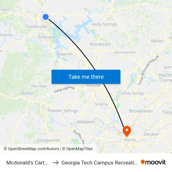 Mcdonald's Cartersville to Georgia Tech Campus Recreation Center map