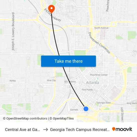 Central Ave at Garnett St to Georgia Tech Campus Recreation Center map