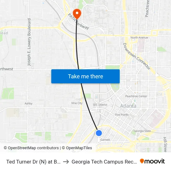 Ted Turner Dr (N) at Brotherton St to Georgia Tech Campus Recreation Center map
