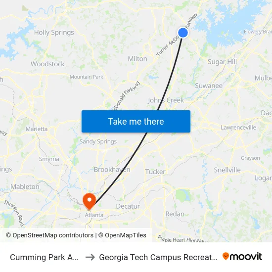 Cumming Park And Ride to Georgia Tech Campus Recreation Center map