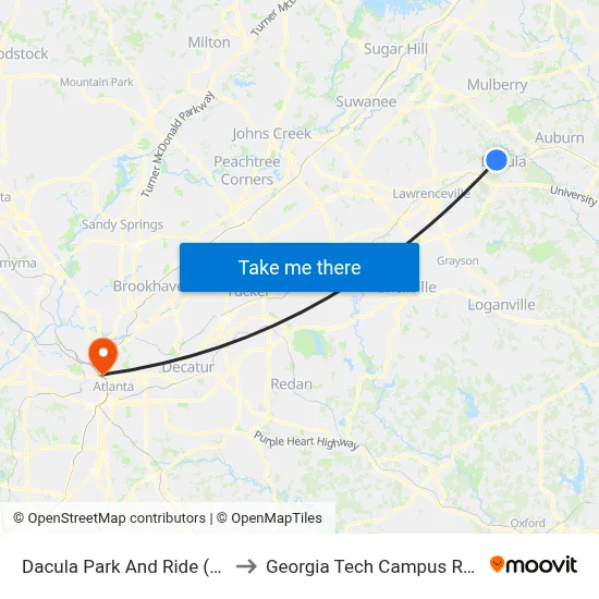Dacula Park And Ride (Hebron Church) to Georgia Tech Campus Recreation Center map