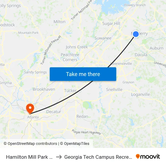 Hamilton Mill Park And Ride to Georgia Tech Campus Recreation Center map
