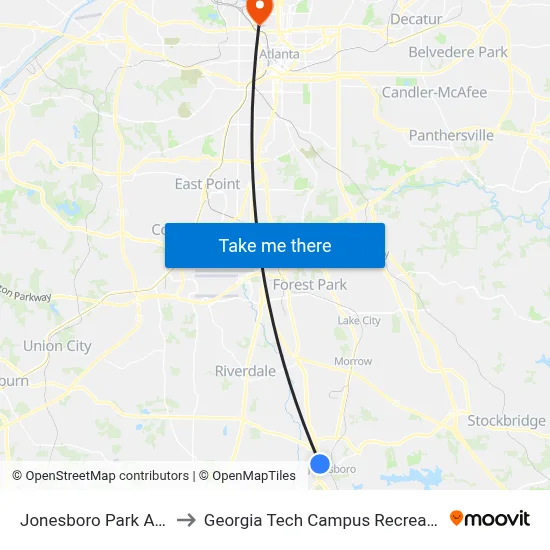 Jonesboro Park And Ride to Georgia Tech Campus Recreation Center map