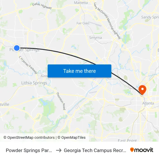 Powder Springs Park And Ride to Georgia Tech Campus Recreation Center map