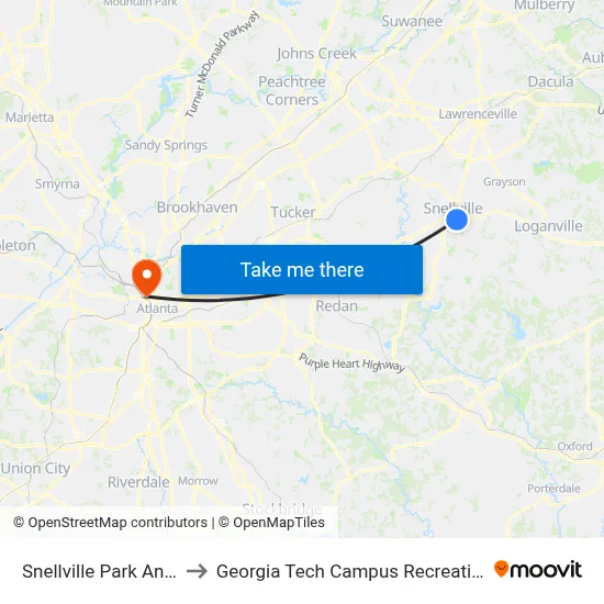 Snellville Park And Ride to Georgia Tech Campus Recreation Center map