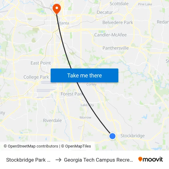 Stockbridge Park And Ride to Georgia Tech Campus Recreation Center map
