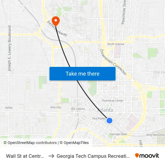 Wall St at Central Ave to Georgia Tech Campus Recreation Center map