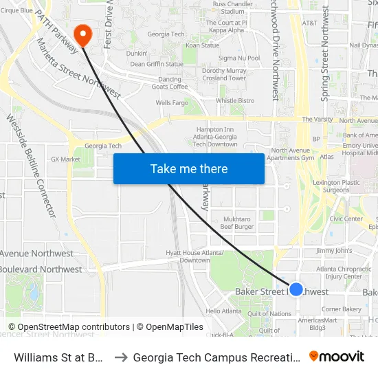Williams St at Baker St to Georgia Tech Campus Recreation Center map
